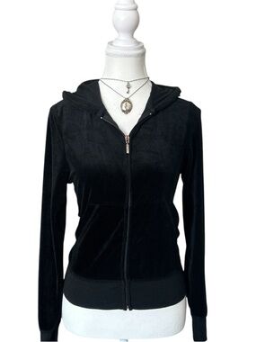 Y2K “MIKK” Basic Black Velour Style Zip-up Hoodie